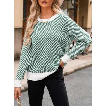 Dokotoo Sweaters for Women Trendy Crew Neck Striped Color Block Casual Loose Fall Outfits Knitted Tops Cute Wool Long Length Ladies Holiday Pullover Sweater Evergreen Medium