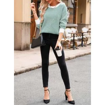 Dokotoo Sweaters for Women Trendy Crew Neck Striped Color Block Casual Loose Fall Outfits Knitted Tops Cute Wool Long Length Ladies Holiday Pullover Sweater Evergreen Medium