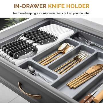 In-Drawer Knife Block Organizer - Bamboo Wood Drawer Knife Organizer - Holds 5 Long + 6 Short Knives (Not Included) - Store Knives with Blades Pointing Down