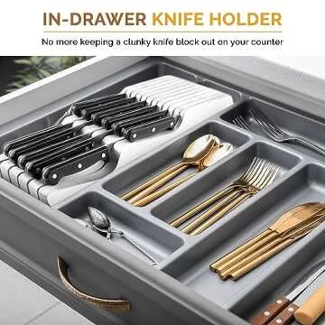 In-Drawer Knife Block Organizer - Bamboo Wood Drawer Knife Organizer - Holds 5 Long + 6 Short Knives (Not Included) - Store Knives with Blades Pointing Down