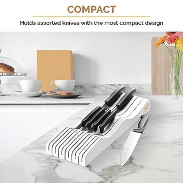 In-Drawer Knife Block Organizer - Bamboo Wood Drawer Knife Organizer - Holds 5 Long + 6 Short Knives (Not Included) - Store Knives with Blades Pointing Down