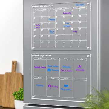 NPPLUS Acrylic Magnetic Monthly and Weekly Calendar for Fridge,2 Set Clear Dry Erase Board, Reusable Planner Whiteboard Includes 6 Markers 3 Colors