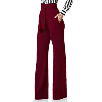 LKOUS Women Work Casual Stretchy Straight Wide Leg High Waisted Long Pants with Belt Wine L