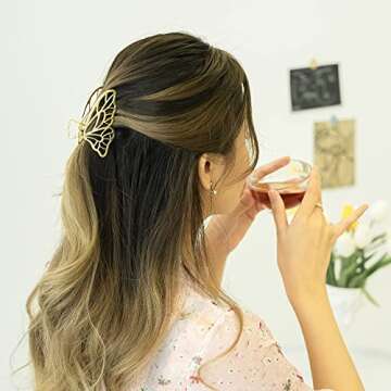 LIDUTA Premium Large Metal Butterfly Non Slip Hair Claw Clips, Hair Accessories For Women Jaw Clips Strong Hold Hair Clips For Thick Hair 2 Packs Gold and Rose gold