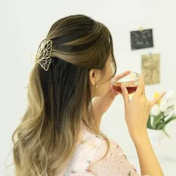 LIDUTA Premium Large Metal Butterfly Non Slip Hair Claw Clips, Hair Accessories For Women Jaw Clips Strong Hold Hair Clips For Thick Hair 2 Packs Gold and Rose gold