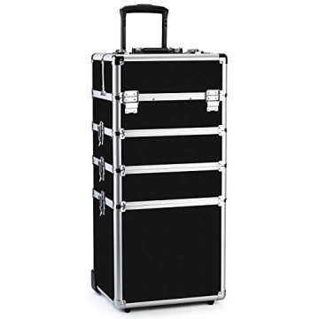 OUDMAY Makeup Train Case 4 in 1 Professional Cosmetics Organizer Rolling with Aluminum Frame and Fol...