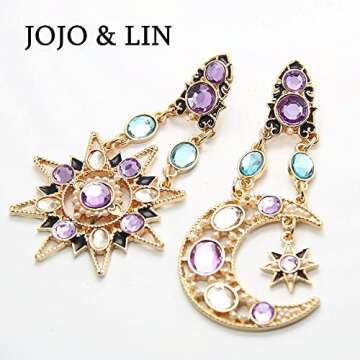 JOJO & LIN 18K Real Gold Plated Asymmetrical Earrings Sun Moon Star Statement Earrings for Women