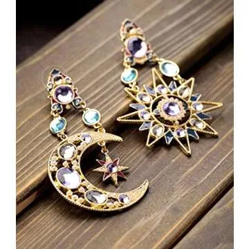 JOJO & LIN 18K Real Gold Plated Asymmetrical Earrings Sun Moon Star Statement Earrings for Women