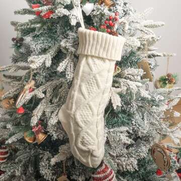 Free Yoka Cable Knit Christmas Stockings Kits Solid Color White Ivory Classic Decorations 18", Set of 2