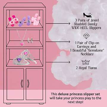 MAKE IT UP - Little Princess Deluxe Girl Dress Up & Slippers with Jewelry Set for Role Play - Kids' Dress Up & Pretend Play with 3 Pairs of Princess Shoes, 2 Crowns, 1 Necklace & 1 Pair of Earrings