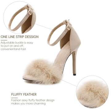 YIBLBOX Women's Feather Heels Open Toe Sandal Fluffy Fur High Heel Shoes Ankle Strap Stiletto Pump f...