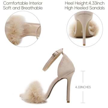 YIBLBOX Women's Feather Heels Open Toe Sandal Fluffy Fur High Heel Shoes Ankle Strap Stiletto Pump for Wedding Party Dance Evening