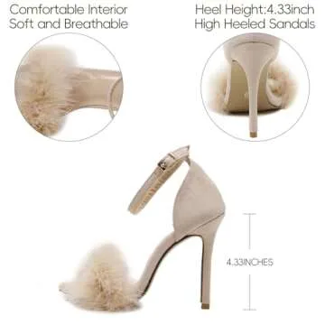 YIBLBOX Women's Feather Heels Open Toe Sandal Fluffy Fur High Heel Shoes Ankle Strap Stiletto Pump for Wedding Party Dance Evening