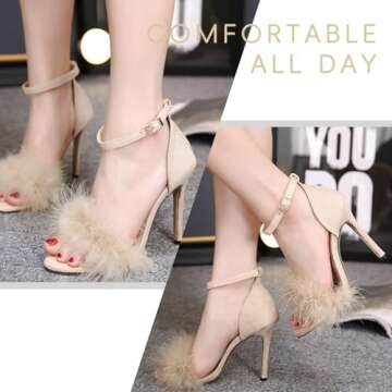 YIBLBOX Women's Feather Heels Open Toe Sandal Fluffy Fur High Heel Shoes Ankle Strap Stiletto Pump for Wedding Party Dance Evening