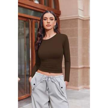 Ekouaer Womens Long Sleeve Shirts Fitted Tops Stretchy Base Layer Tight Basic Thermal Undershirt Brown M