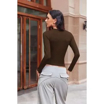Ekouaer Womens Long Sleeve Shirts Fitted Tops Stretchy Base Layer Tight Basic Thermal Undershirt Brown M