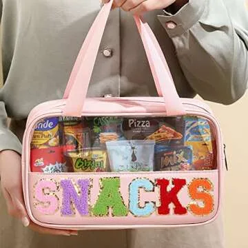 CRUOXIBB Chenille Letter Clear PVC And PU leather Large Travel Cosmetic Toiletry Storage Bag Waterproof Makeup Tote Bag Organizer Bag for Women(SNACKS-Pink)