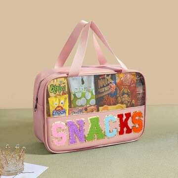 CRUOXIBB Chenille Letter Clear PVC And PU leather Large Travel Cosmetic Toiletry Storage Bag Waterproof Makeup Tote Bag Organizer Bag for Women(SNACKS-Pink)