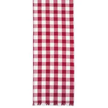 DII Heavyweight Fringed Check Tabletop Collection, Table Runner, 14x72, Wine