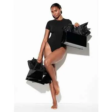 HYZ Women's Summer Two Piece Bodysuit Short Sleeve Round Neck Thong Second-Skin Unitard Bodysuit Tops Black White