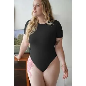 HYZ Women's Summer Two Piece Bodysuit Short Sleeve Round Neck Thong Second-Skin Unitard Bodysuit Tops Black White