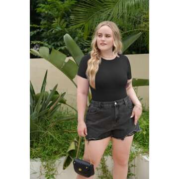 HYZ Women's Summer Two Piece Bodysuit Short Sleeve Round Neck Thong Second-Skin Unitard Bodysuit Tops Black White