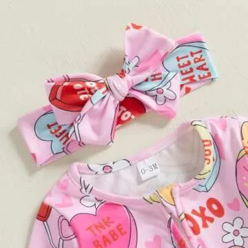 Lamuusaa Newborn Baby Girl Valentines Day Outfit Heart Long Sleeve Romper Zipper Bodysuit Jumpsuit with Headband (Pink, 0-3 Months)