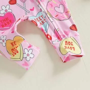 Lamuusaa Newborn Baby Girl Valentines Day Outfit Heart Long Sleeve Romper Zipper Bodysuit Jumpsuit with Headband (Pink, 0-3 Months)
