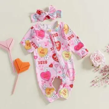 Lamuusaa Newborn Baby Girl Valentines Day Outfit Heart Long Sleeve Romper Zipper Bodysuit Jumpsuit with Headband (Pink, 0-3 Months)