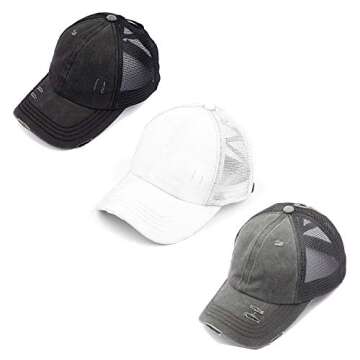 Funky Junque Women's Distressed Trucker Hat with Ponytail Hole – Messy Bun High Bun Cap 3-Pack (Bl...