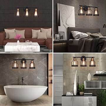 Pauwer Industrial Bathroom Vanity Light 3 Light Farmhouse Metal Cage Bathroom Wall Light Fixture Black Wall Sconce Lighting Edison Vintage Wall Light Fixture for Bathroom Vanity Mirror Cabinet