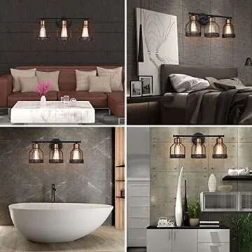 Pauwer Industrial Bathroom Vanity Light 3 Light Farmhouse Metal Cage Bathroom Wall Light Fixture Black Wall Sconce Lighting Edison Vintage Wall Light Fixture for Bathroom Vanity Mirror Cabinet