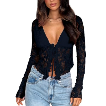 AGECODE Women's Sexy Open Front Tie Long Sleeve Crop Top