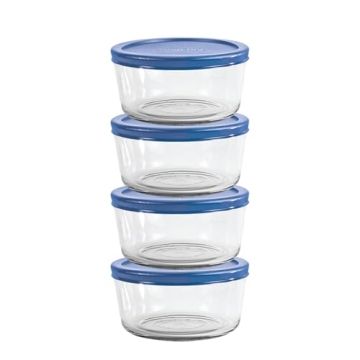 Anchor Hocking 2 Cup Glass Storage Containers with Lids, Set of 4 Glass Food Storage Containers with Blueberry SnugFit Lids