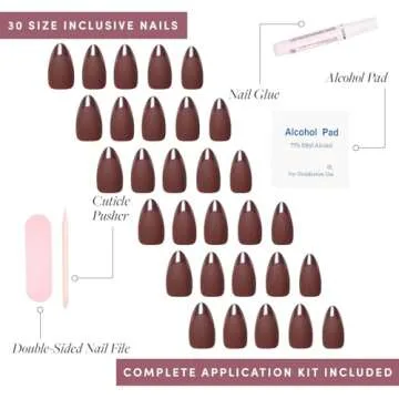 Glamnetic Press On Nails - Terra | Short Almond Dark Brown Nails with Glossy French Tips in a Matte Finish | 15 Sizes - 30 Nail Kit with Glue