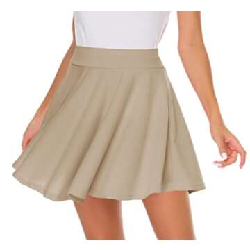 Afibi Casual Mini Stretch Waist Flared Plain Pleated Skater Skirt (Large, Khaki)