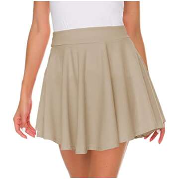 Afibi Casual Mini Stretch Waist Flared Plain Pleated Skater Skirt (Large, Khaki)