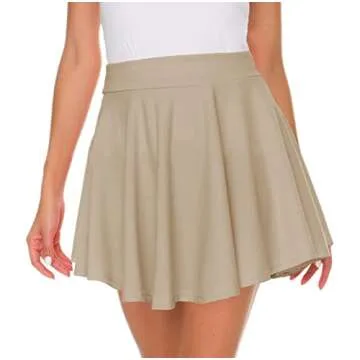 Afibi Casual Mini Stretch Waist Flared Plain Pleated Skater Skirt (Large, Khaki)