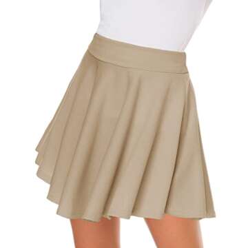 Afibi Casual Mini Stretch Waist Flared Plain Pleated Skater Skirt (Large, Khaki)