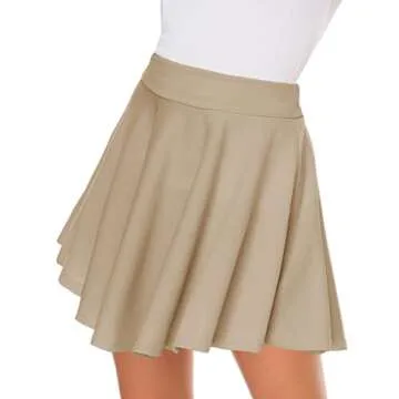 Afibi Casual Mini Stretch Waist Flared Plain Pleated Skater Skirt (Large, Khaki)