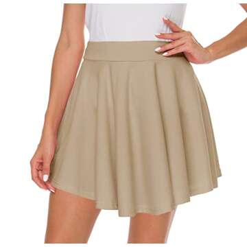 Afibi Casual Mini Stretch Waist Flared Plain Pleated Skater Skirt (Large, Khaki)