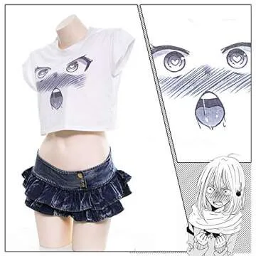 Women's Ahegao Print Short Sleeve Crop Top Casual Round Neck Soild Basic T-Shirt (Ahegao) One Size