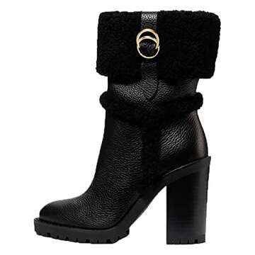 VETASTE Women's Lug Sole Ankle Boots Classy Elegant Chunky Heel Rounded Toe Soft Leather Plush Lined Side Zip Winter Wide Calf Boots