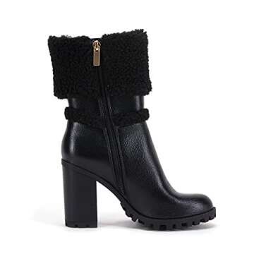 VETASTE Women's Lug Sole Ankle Boots Classy Elegant Chunky Heel Rounded Toe Soft Leather Plush Lined Side Zip Winter Wide Calf Boots