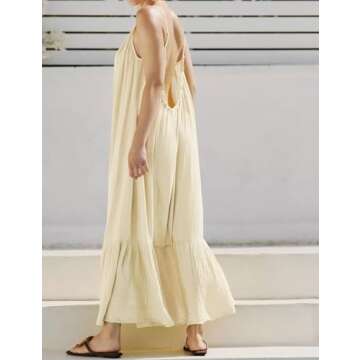 R.Vivimos Women's Summer Cotton Maxi Dress Adjustable Spaghetti Strap Boho Casual Backless Ruffle Lo...