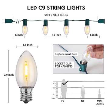 Vintage C9 LED Christmas Lights Outdoor Warm White, 50 Feet C9 String Lights for Christmas Tree Roofline Holiday Party Indoor Outdoor Garden Patio Backyard Cafe Xmas Decoration, Green Wire