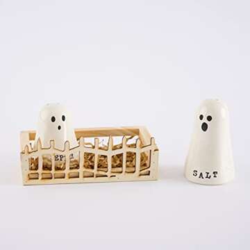Mud Pie Halloween Ghost Salt & Pepper Set, assembled 3 1/4" x 4 1/2"