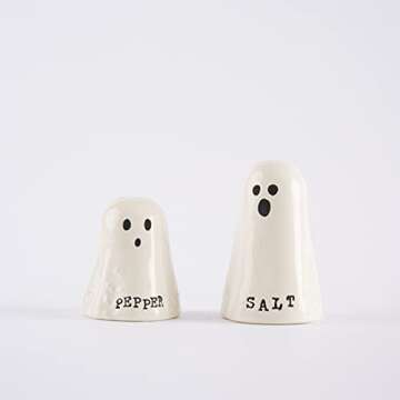 Mud Pie Halloween Ghost Salt & Pepper Set, assembled 3 1/4" x 4 1/2"