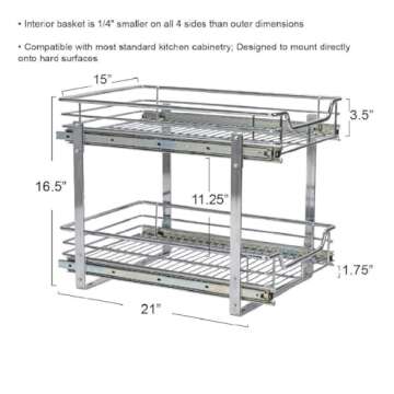 Household Essentials Glidez Multipurpose Chrome-Plated Steel Pull-Out/Slide-Out Basket Storage Organizer for Under Cabinet Use - 2-Tier Design - Fits Standard Size Cabinet or Shelf, Chrome