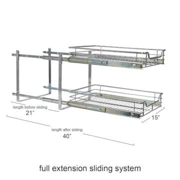 Household Essentials Glidez Multipurpose Chrome-Plated Steel Pull-Out/Slide-Out Basket Storage Organizer for Under Cabinet Use - 2-Tier Design - Fits Standard Size Cabinet or Shelf, Chrome